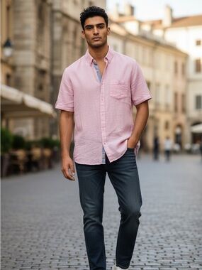 PRIVATE MEMEBER Men's Pink Short-Sleeve linen blend Button-Up Shirt sz medium